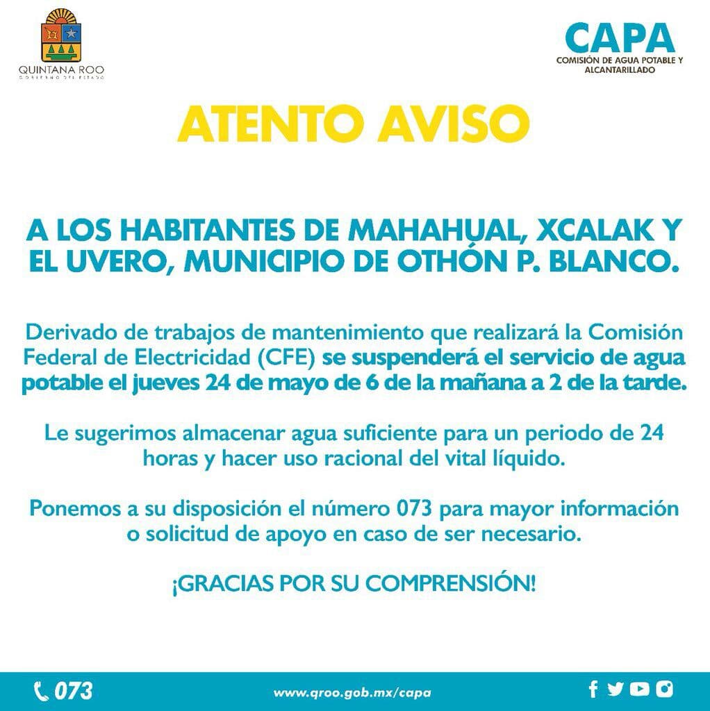 Mañana no habrá agua en Mahahual