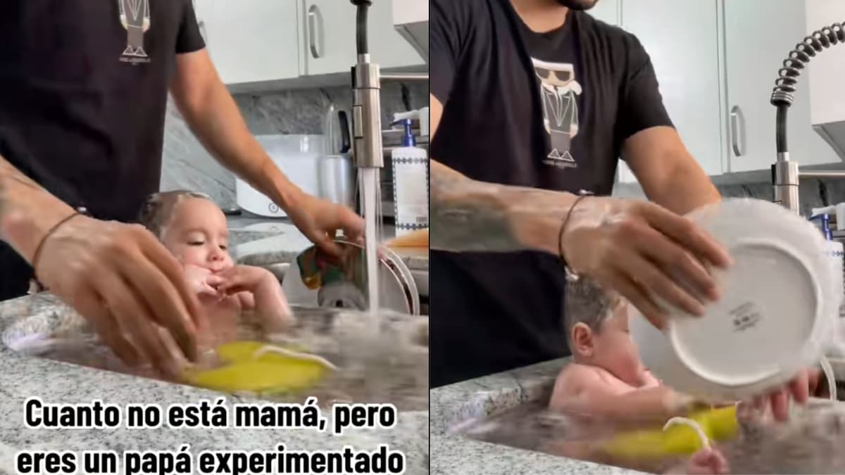 VIDEO: Papá baña a su bebé en el fregadero mientras lava los trastes y genera polémica