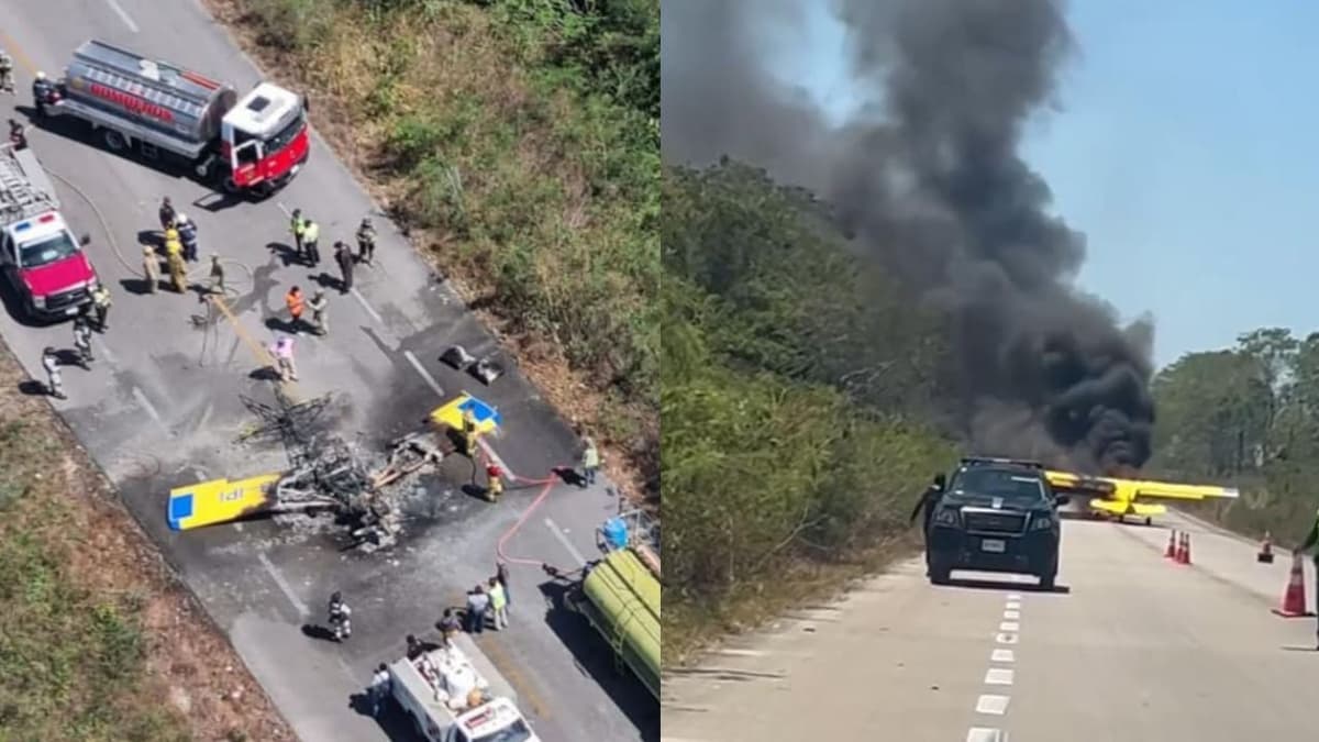 Video: Avioneta aterriza de emergencia en carretera de Valladolid, Yucatán y se incendia por completo